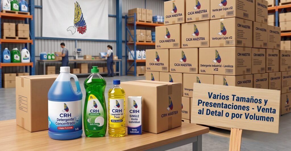 Bodega de Industrias CRH con cajas y envases de productos de aseo líquidos