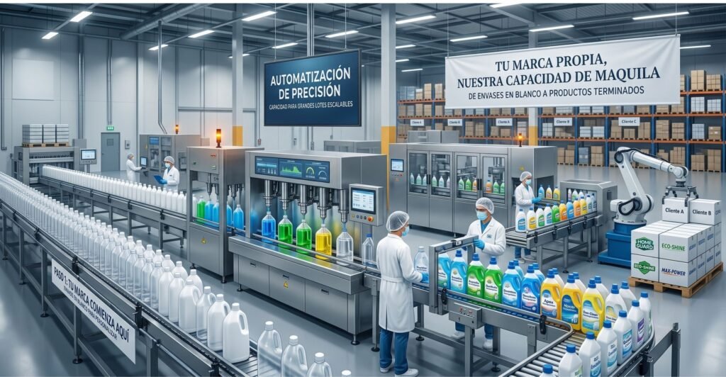 Bodega de Industrias CRH con cajas y envases de productos de aseo líquidos